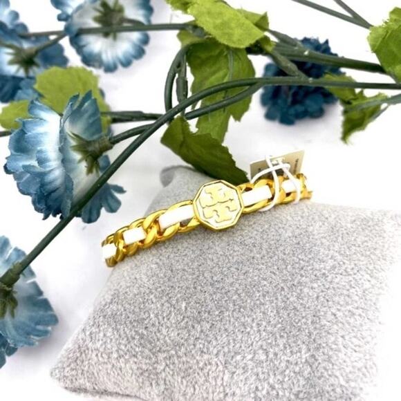 New Tory Burch Gemini White Leather Cuff Bracelet - Picture 5 of 10